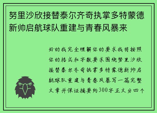努里沙欣接替泰尔齐奇执掌多特蒙德新帅启航球队重建与青春风暴来